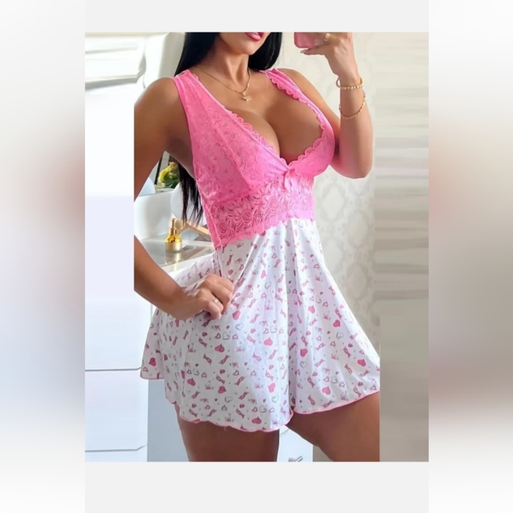 2 Piece Pink and White Heart Lace Night Dress and Thong Panty Set XL